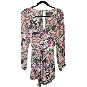 Reformation Floral Sheer Long Sleeve Open Back Mini Dress